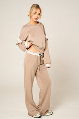 Stone Oversized Striped Sleeves Sweatshirt With Trouser Co Ord Set - Floranique