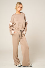 Stone Oversized Striped Sleeves Sweatshirt With Trouser Co Ord Set - Floranique