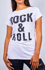 White ‘Rock & Roll’ Slogan Print T-Shirt - Carisella