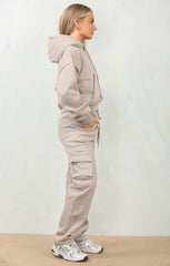 Dove Grey Cropped Fleece Hoodie with Cargo Jogger Sweatpants Loungewear Set - Roshana