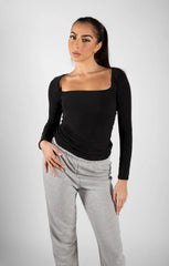 Black Slinky Long Sleeve Square Neck Top - Thalina
