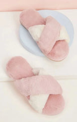 Pink Fluffy Cross Strap Slippers - Myra