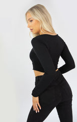 Black Button Front Long Sleeve Crop Top - Novina
