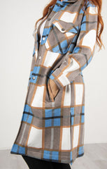 Sky Blue & Brown Oversized Check Print Longline Shacket - Fialetta