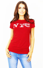 Red ‘NYC Brooklyn’ Slogan Print T-Shirt - Elissara