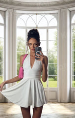 White Backless Halter Neck Tie Back Flowy Skater Mini Dress - Charistéa