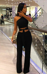 Black Tie Front Slinky One Shoulder Wide Leg Jumpsuit - Heather