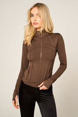 Chocolate High Neck Fitted Zip Up Lightweight Jacket - Sovanna