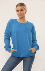 Royal Blue Oversized Crew Neck Rib Cuff & Hem Long Sleeve Sweatshirt With Pocket Detail - Melanie