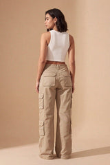 Beige Cargo Wide Leg Relaxed Fit Utility Trousers - Menisa