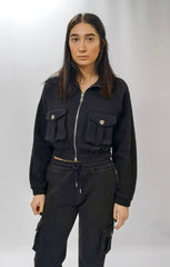 Black Zip Up Long Sleeve Cargo Pocket Cropped Sweatshirt - Ayla