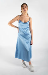 Sky Blue Cowl Neck Satin Lace Up Back Strappy Bodycon Midi Dress - Elissara