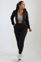 Black Zip Up Crop Hoodie & Joggers Loungewear Set - Nell