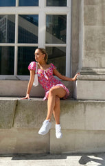 Pink Ditsy Floral Knot Front Shirred Mini Dress - Amarisse