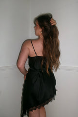 Black Lace Trim Satin Asymmetric Slip Mini Dress - Taliaza