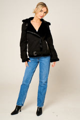 Black Faux Suede Aviator Jacket - Skylar