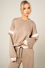 Stone Oversized Striped Sleeves Sweatshirt With Trouser Co Ord Set - Floranique