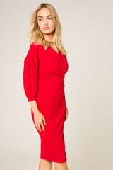 Red Belted Bodycon Midi Dress  - Angelica