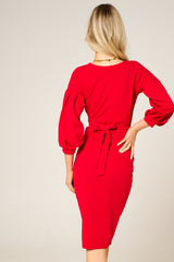 Red Belted Bodycon Midi Dress  - Angelica