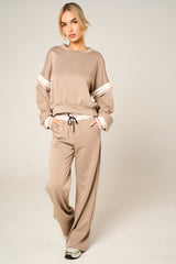 Stone Oversized Striped Sleeves Sweatshirt With Trouser Co Ord Set - Floranique