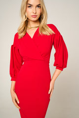 Red Belted Bodycon Midi Dress  - Angelica