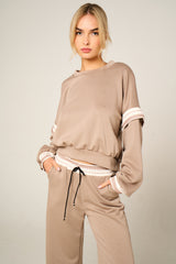 Stone Oversized Striped Sleeves Sweatshirt With Trouser Co Ord Set - Floranique