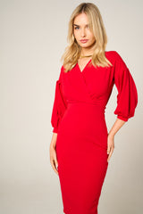 Red Belted Bodycon Midi Dress  - Angelica