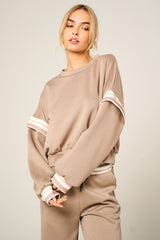 Stone Oversized Striped Sleeves Sweatshirt With Trouser Co Ord Set - Floranique