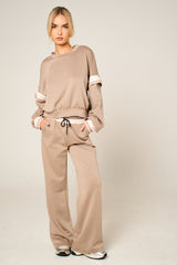 Stone Oversized Striped Sleeves Sweatshirt With Trouser Co Ord Set - Floranique