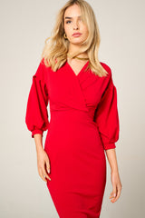 Red Belted Bodycon Midi Dress  - Angelica