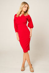 Red Belted Bodycon Midi Dress  - Angelica