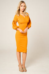 Mustard Belted Bodycon Midi Wrap Dress - Angelica