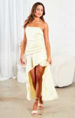 Lemon Satin Ruched Strapless Drape Detail Bodycon Midi Dress - Liora