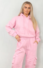 Pink Cropped Fleece Hoodie with Cargo Jogger Sweatpants Loungewear Set - Roshana