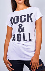 White ‘Rock & Roll’ Slogan Print T-Shirt - Carisella