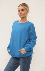 Royal Blue Oversized Crew Neck Rib Cuff & Hem Long Sleeve Sweatshirt With Pocket Detail - Melanie