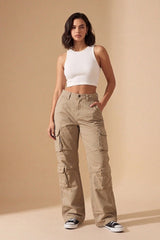 Beige Cargo Wide Leg Relaxed Fit Utility Trousers - Menisa