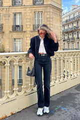Black Cropped Long Sleeve Bomber Jacket - Hiva