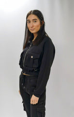 Black Zip Up Long Sleeve Cargo Pocket Cropped Sweatshirt - Ayla