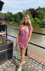Pink Ditsy Floral Knot Front Shirred Mini Dress - Amarisse