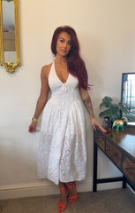 White Plunge Halter Neck Tie Front Broderie Sleeveless Midi Dress - Zenara