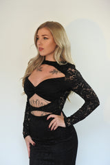 Black Lace Cut Out Long Sleeve Elegant Layered Bodycon Midi Dress - Elarie