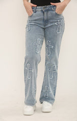 Blue Straight Wide Leg Distressed Cross Patch Denim Jeans - Delissia