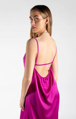 Purple Cowl Neck Satin Lace Up Back Strappy Bodycon Midi Dress - Elissara