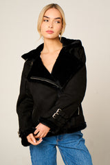 Black Faux Suede Aviator Jacket - Skylar