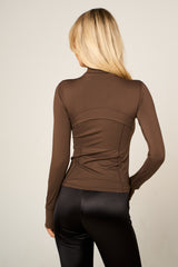 Chocolate High Neck Fitted Zip Up Lightweight Jacket - Sovanna