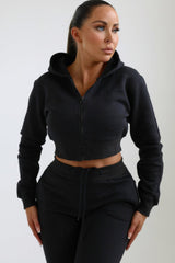 Black Zip Up Crop Hoodie & Joggers Loungewear Set - Nell