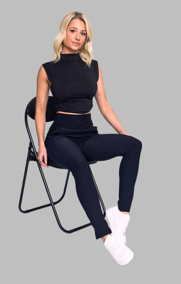 femme luxe Navy High Waist Double Band Pocket Leggings Aria Hot