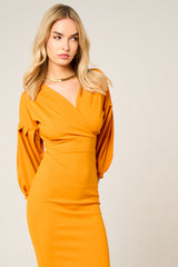 Mustard Belted Bodycon Midi Wrap Dress - Angelica