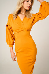 Mustard Belted Bodycon Midi Wrap Dress - Angelica